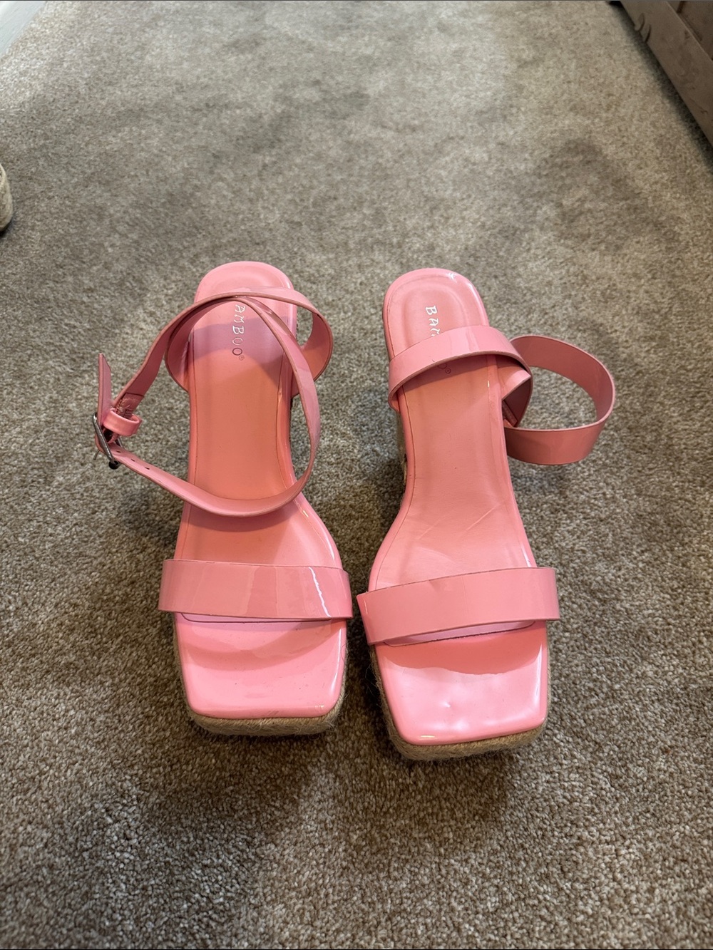 Pink Patent Ankle-Strap Block Heel Sandals